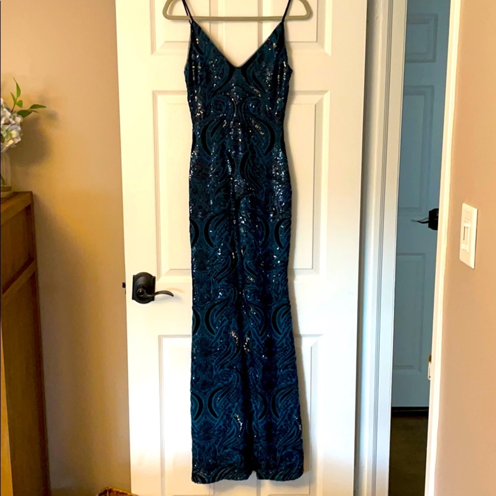 Sequin Black and Dark Teal Floor Length Gown